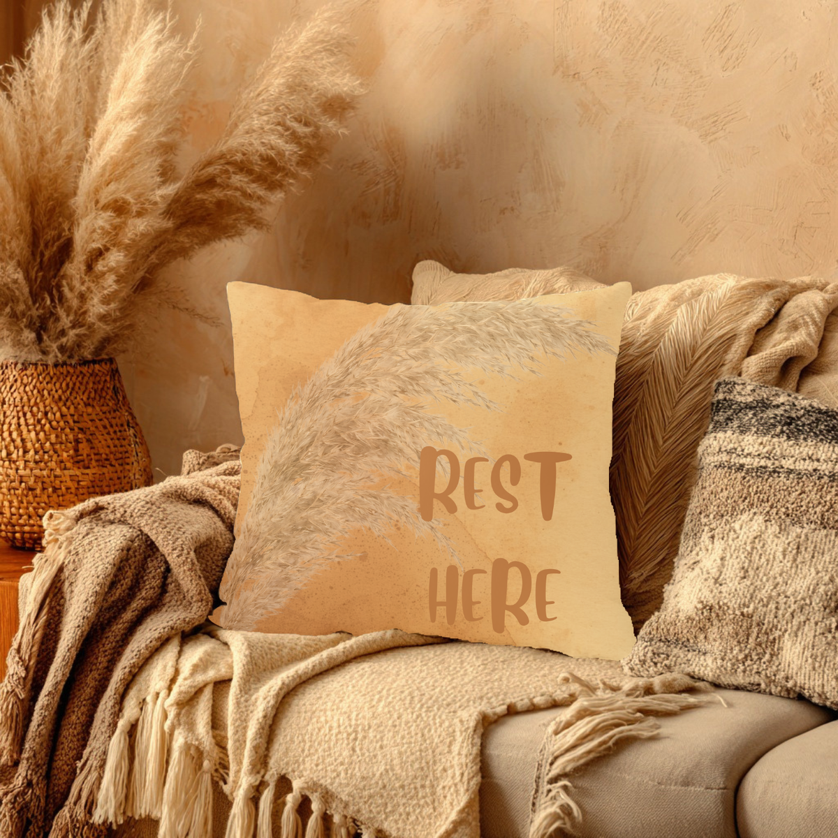 Boho 'Rest Here' Decorative Pillowcase - Cozy Neutral Square Cushion Cover