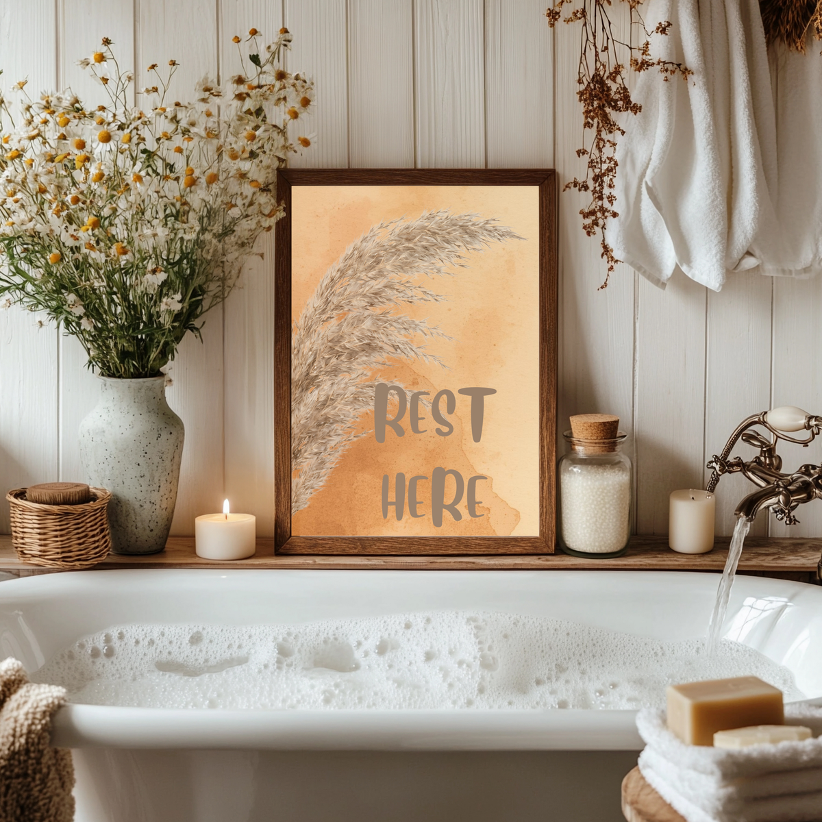 Rest Here Pampas Poster — Neutral Boho Wall Art