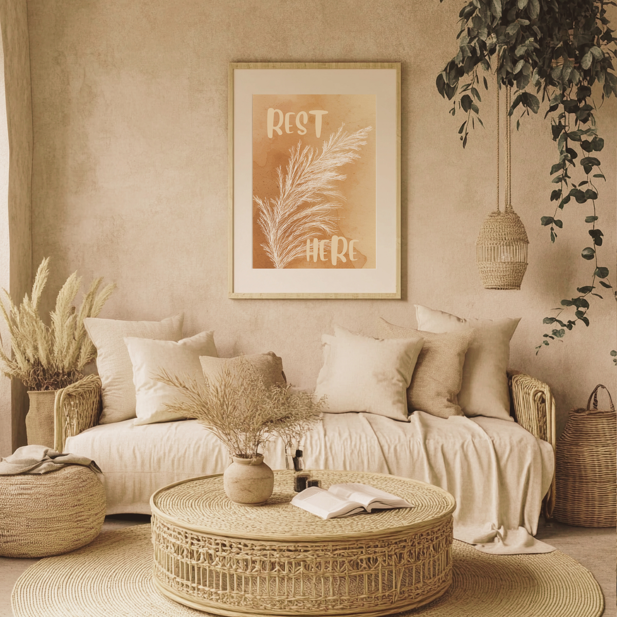 Rest Here Boho Poster — Neutral Pampas Grass Wall Art