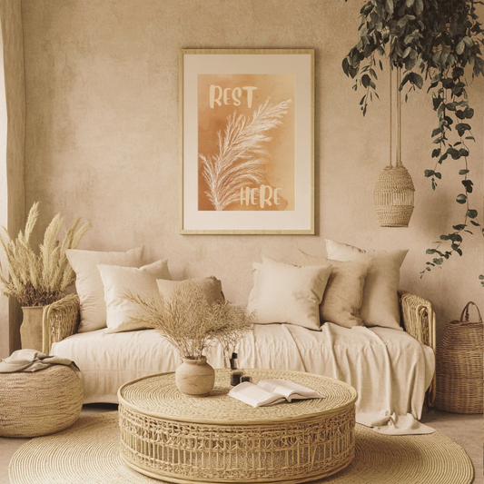Rest Here Boho Poster — Neutral Pampas Grass Wall Art