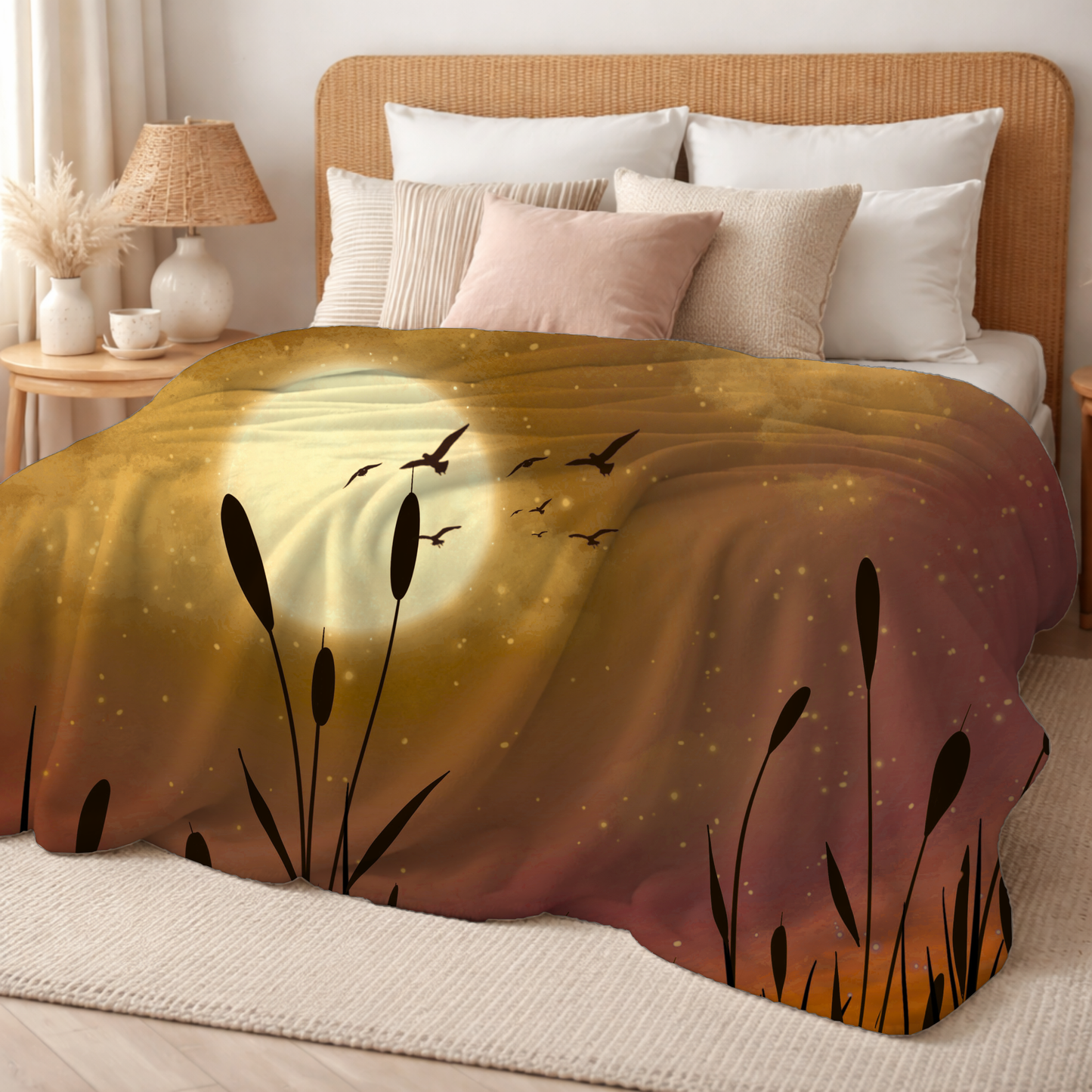 Moonlit Marsh Sherpa Blanket — Cozy Autumn Moon & Reeds Throw