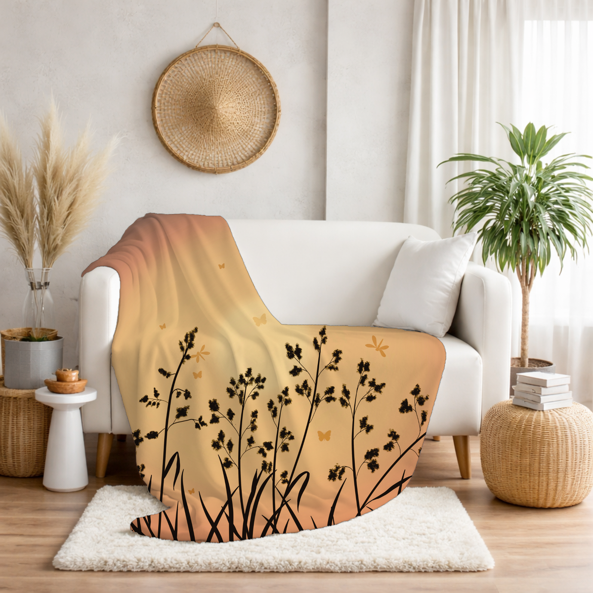 Sunset Meadow Sherpa Blanket — Cozy Floral Silhouette Throw