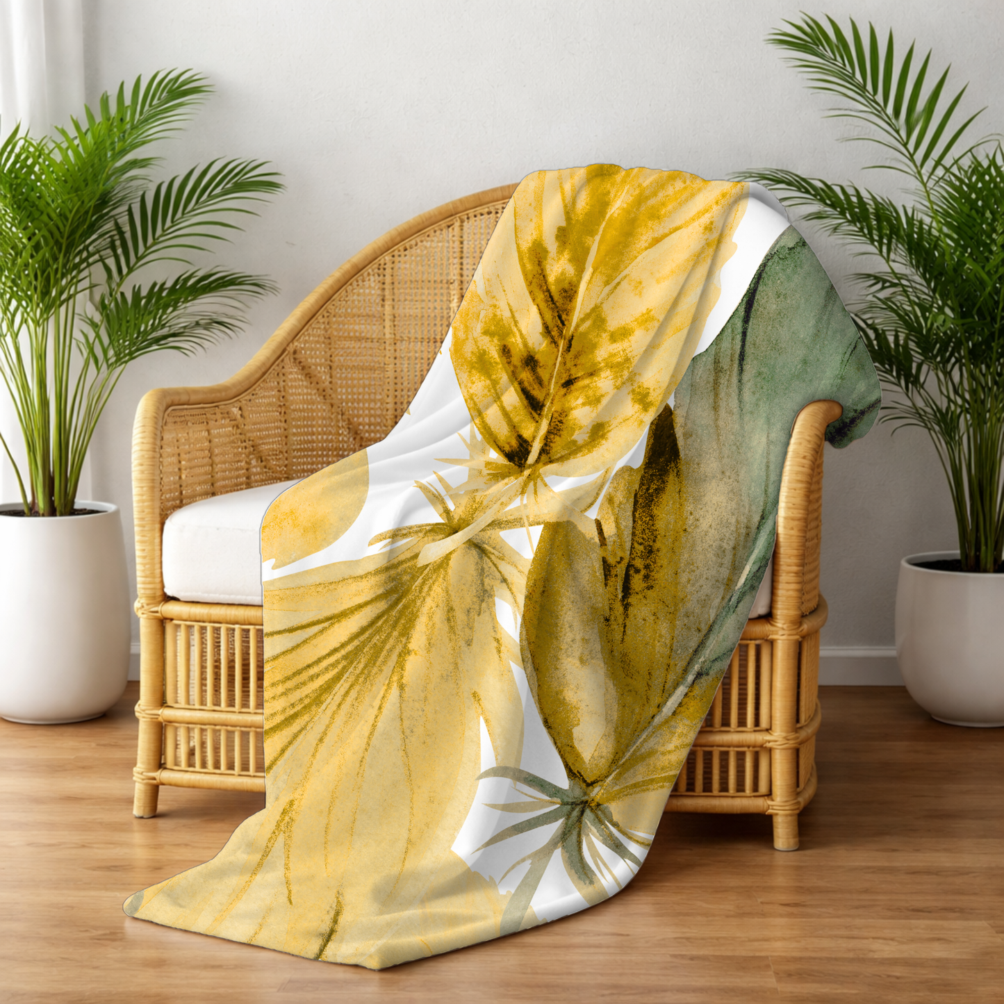 Floral Feather Sherpa Blanket — Golden Leaves Cozy Throw