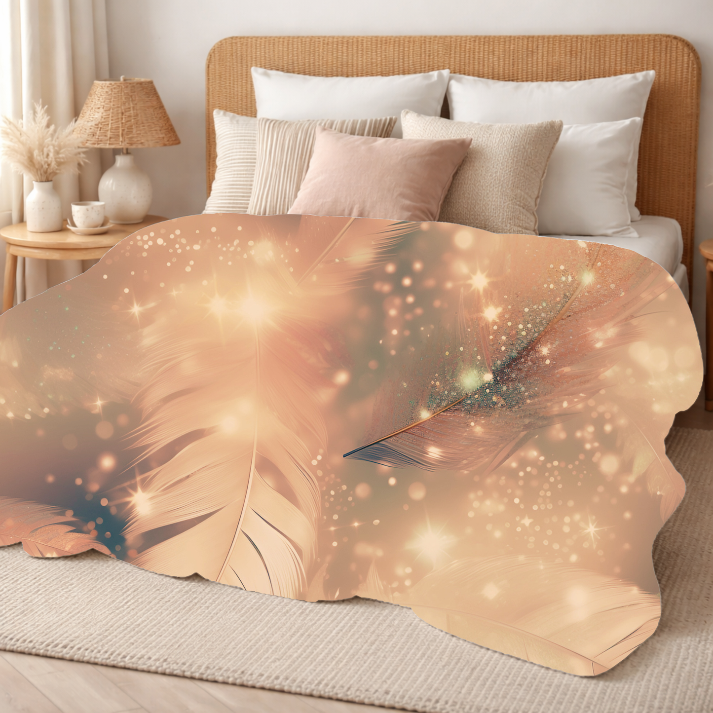 Featherlight Dream Sherpa Blanket — Cozy Beige Feather & Sparkle Throw