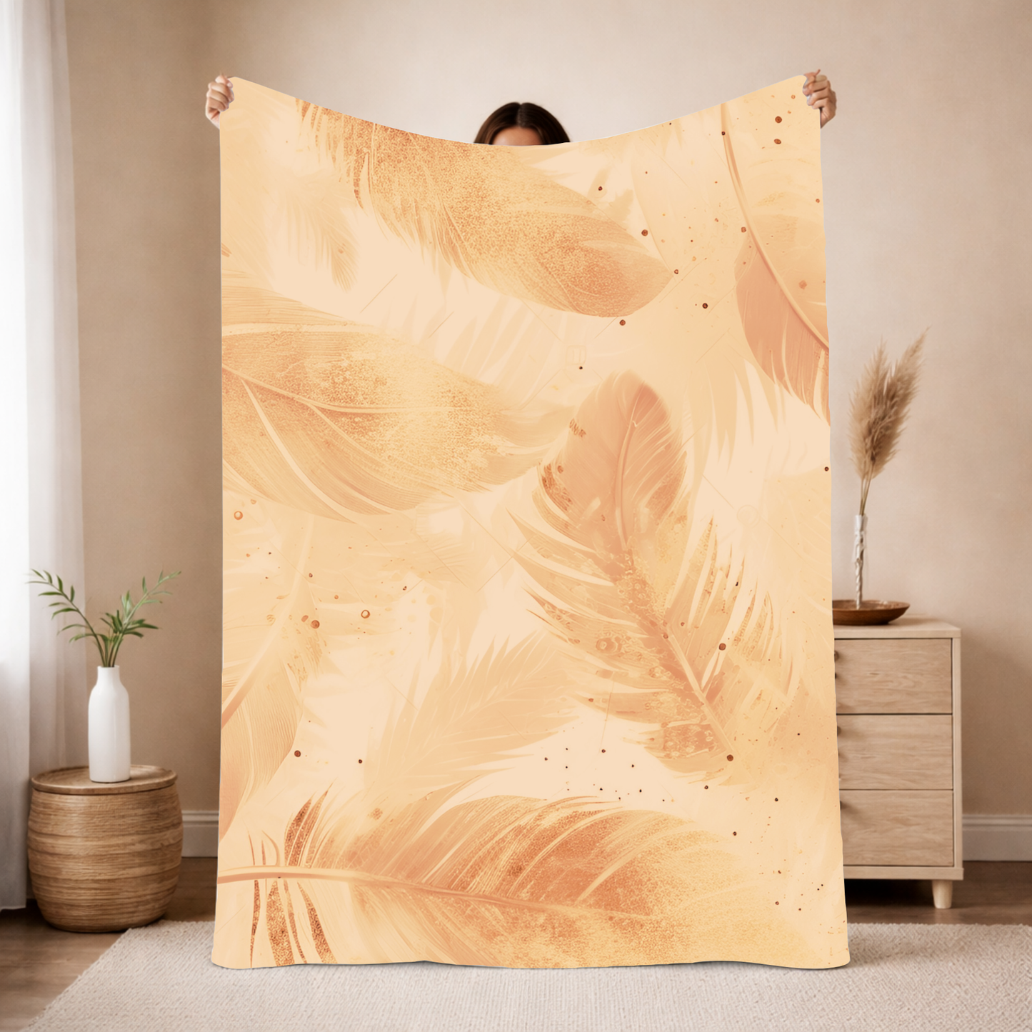 Feather Soft Sherpa Blanket — Cozy Beige Feather Print Throw
