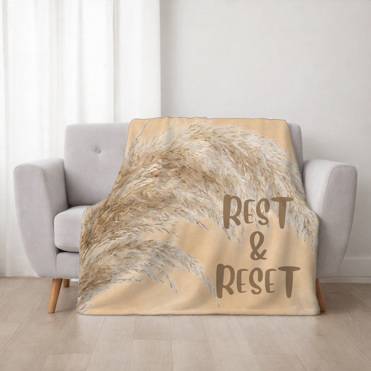 Sherpa Blanket - "Rest & Reset" Neutral Pampas Throw for Cozy Living Room, Bedroom or Self-Care Gift