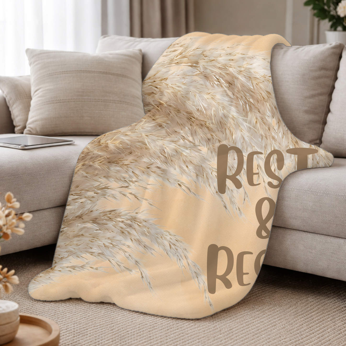 Sherpa Blanket - "Rest & Reset" Neutral Pampas Throw for Cozy Living Room, Bedroom or Self-Care Gift