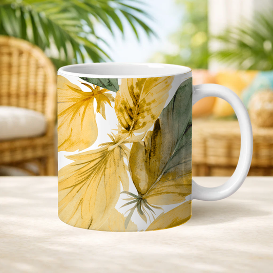 Yellow Botanical Ceramic Mug — Watercolor Floral Coffee Cup (11oz, 15oz)
