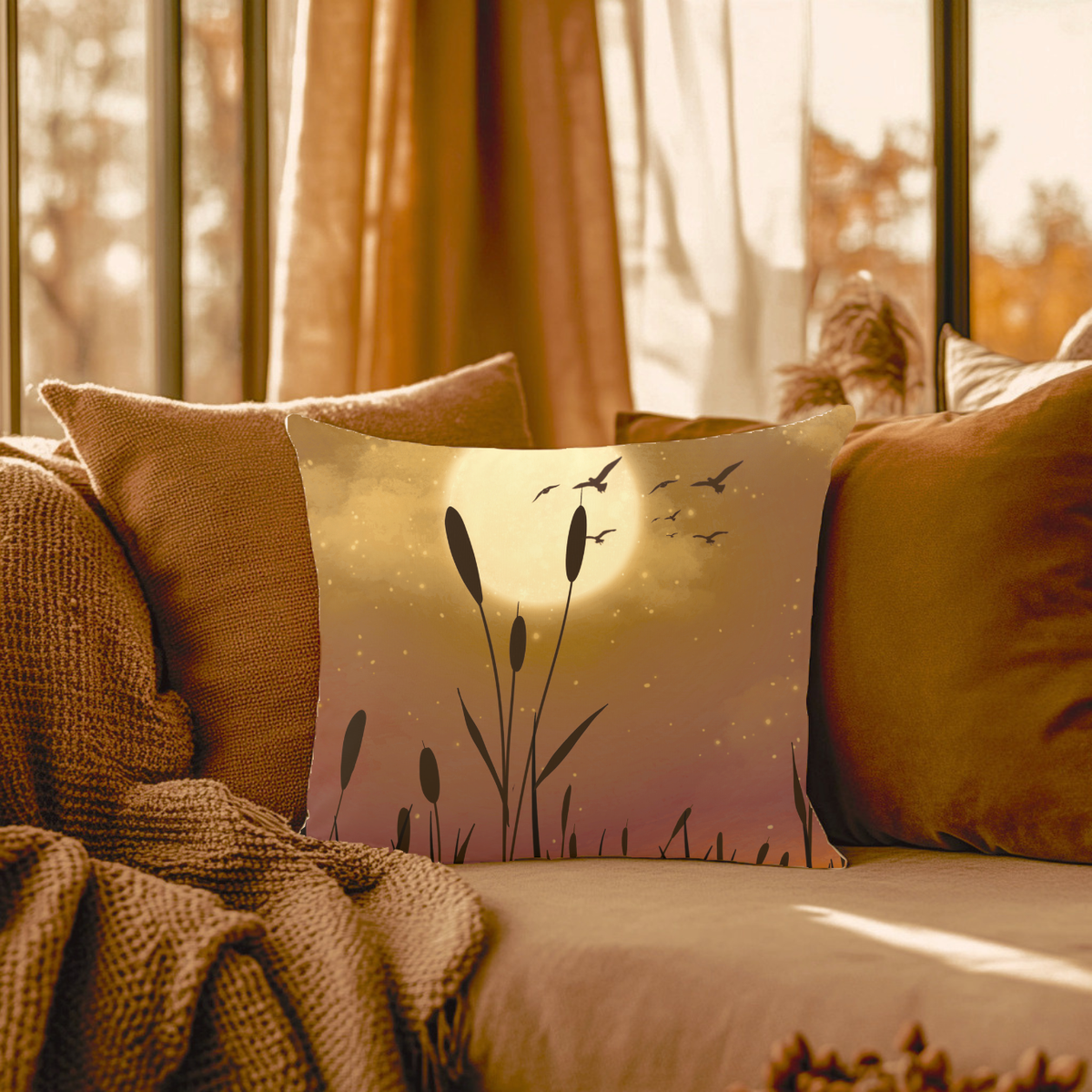 Sunset Pillowcase — Moonlit Reeds Decorative Throw Pillow