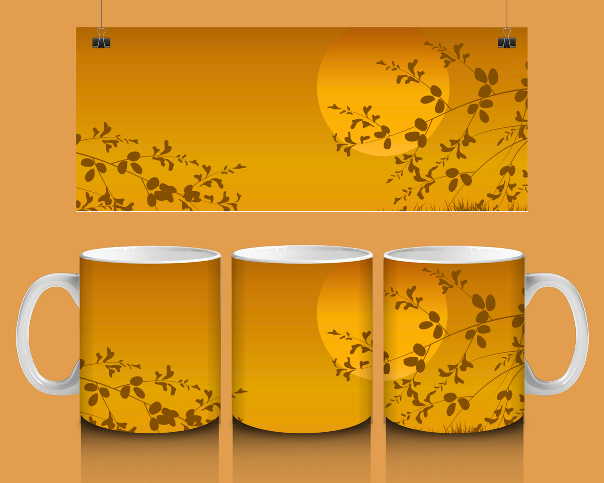 Sunset Meadow Ceramic Tea or Coffee Mug — Golden Sun & Silhouette Floral Design (11oz/15oz)