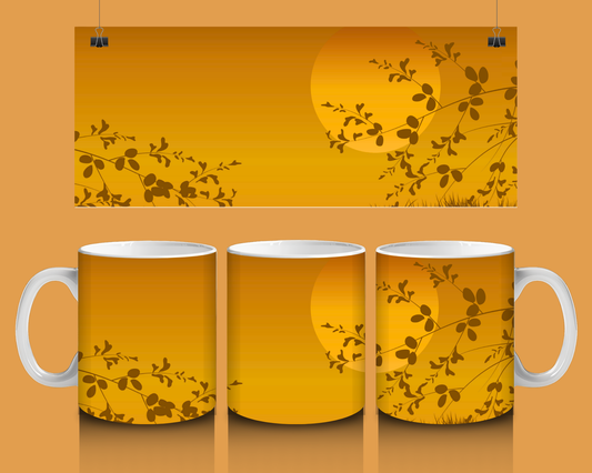 Sunset Meadow Ceramic Tea or Coffee Mug — Golden Sun & Silhouette Floral Design (11oz/15oz)