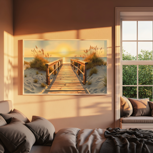 Sunset Beach Boardwalk Rolled Poster — Coastal Wall Art Print
