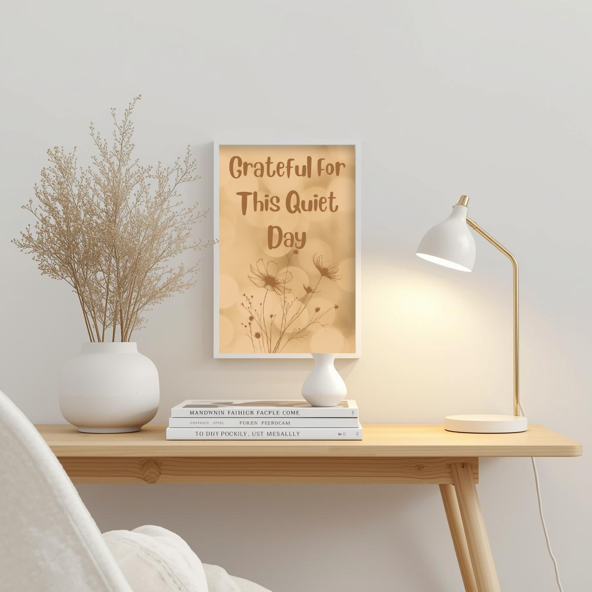 Rolled Poster — "Grateful For This Quiet Day" Floral Wall Art | Neutral Calm Decor