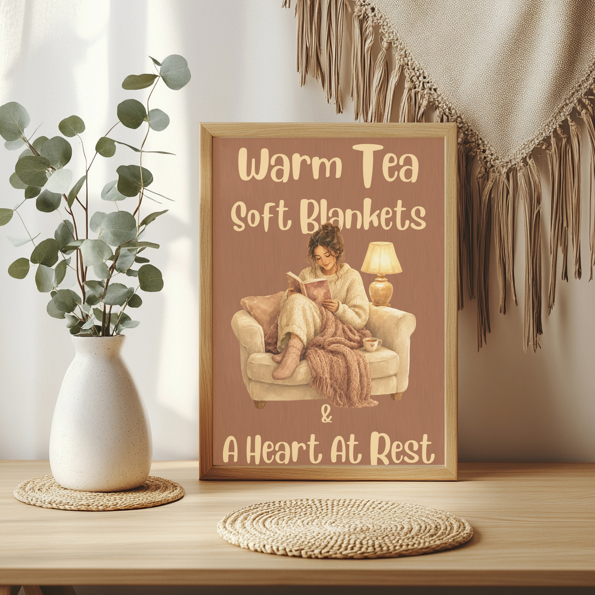 Warm Tea, Soft Blankets & A Heart at Rest Poster — Cozy Reading Room Wall Art