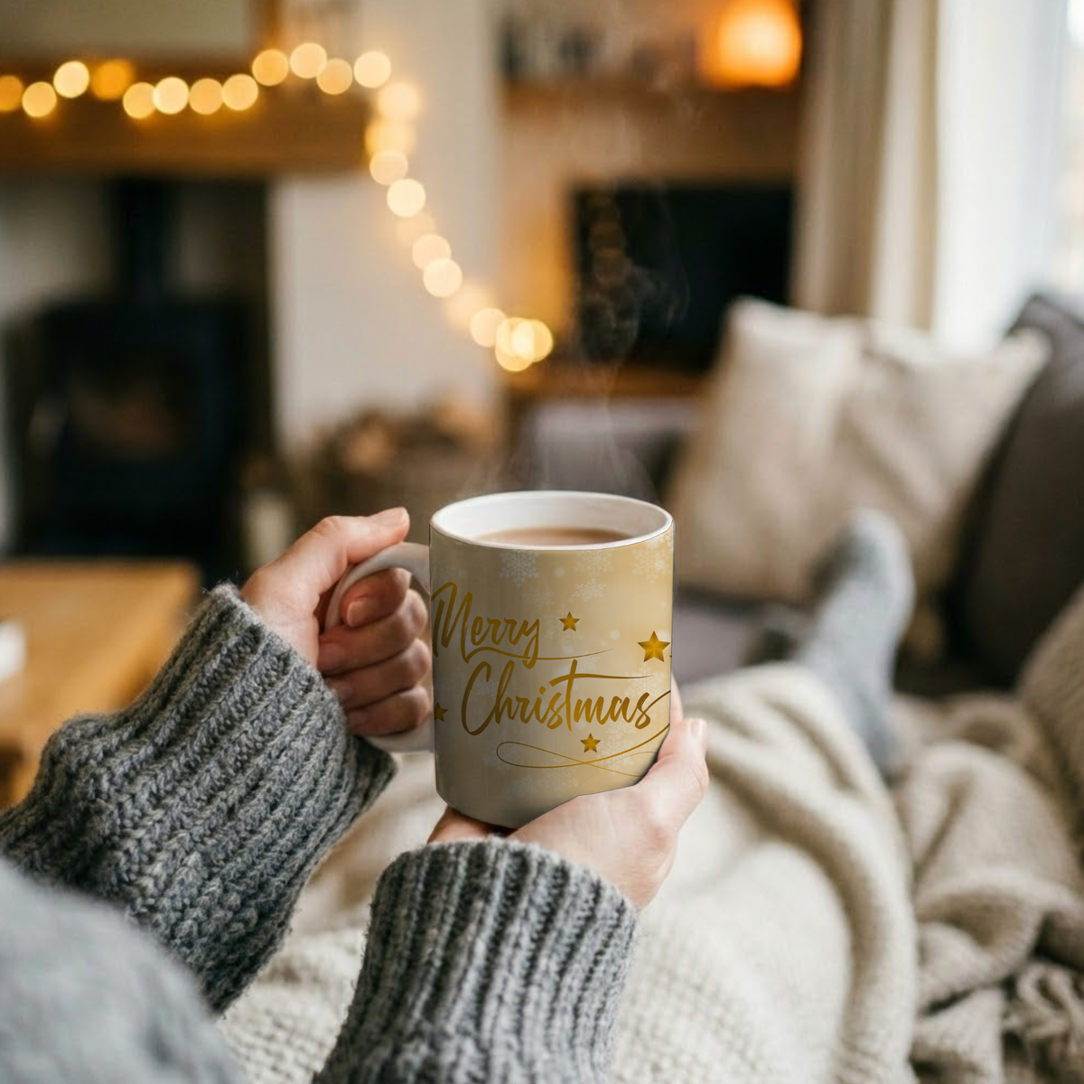 Merry Christmas Gold Ceramic Mug – Festive Holiday Coffee Or Tea Cup (11oz & 15oz)