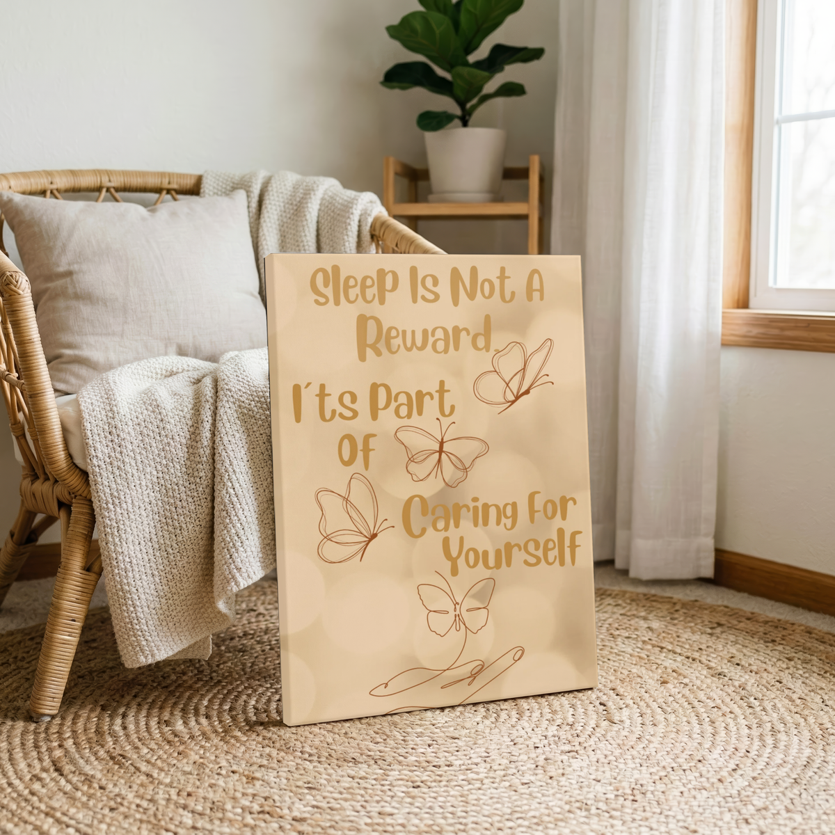 Sleep Self-Care Canvas Wall Art – "Sleep Is Not A Reward, It’s Part Of Caring For Yourself" Butterfly Bedroom Print