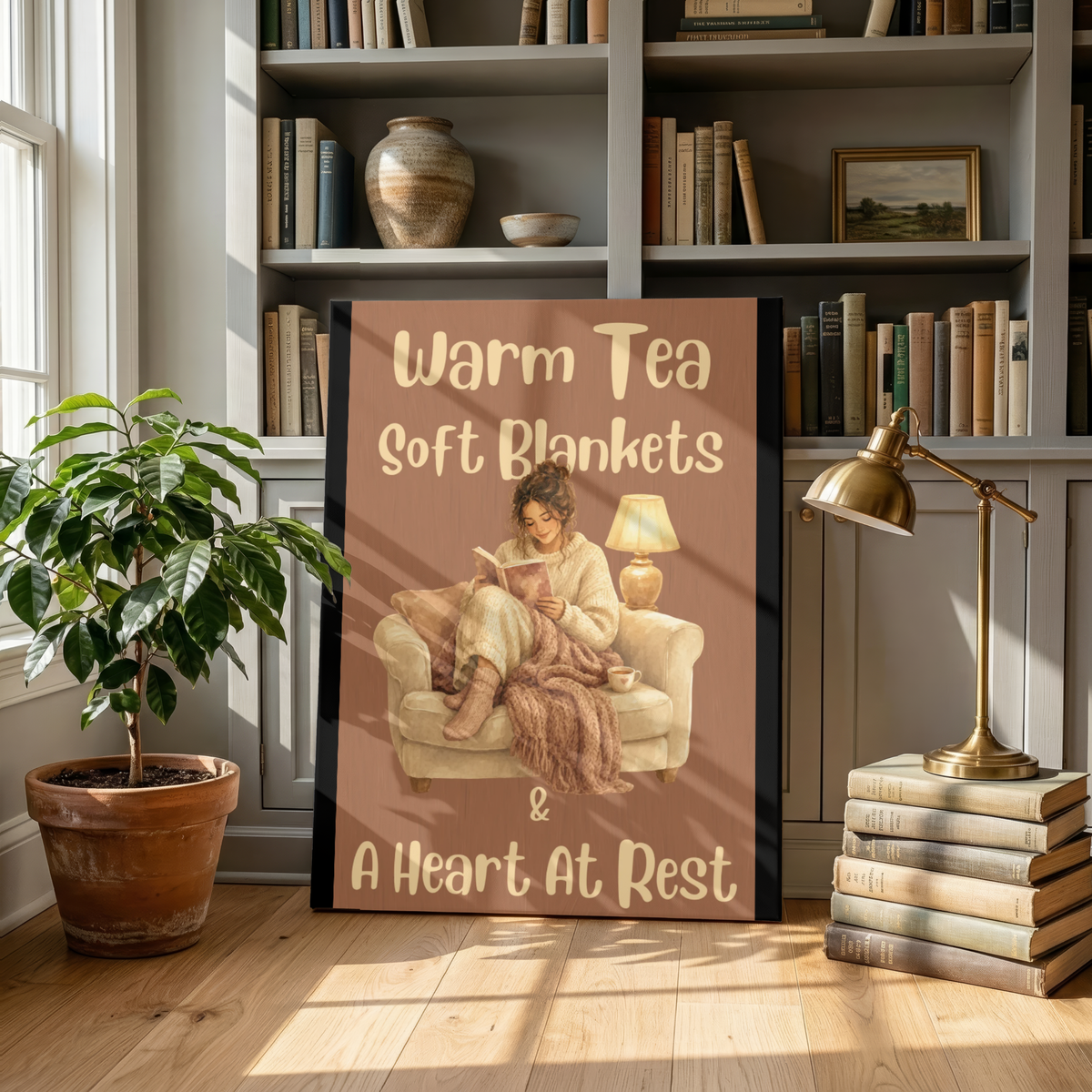 Cozy Reading Canvas Wall Art – "Warm Tea, Soft Blankets & A Heart At Rest" Bedroom Quote Print
