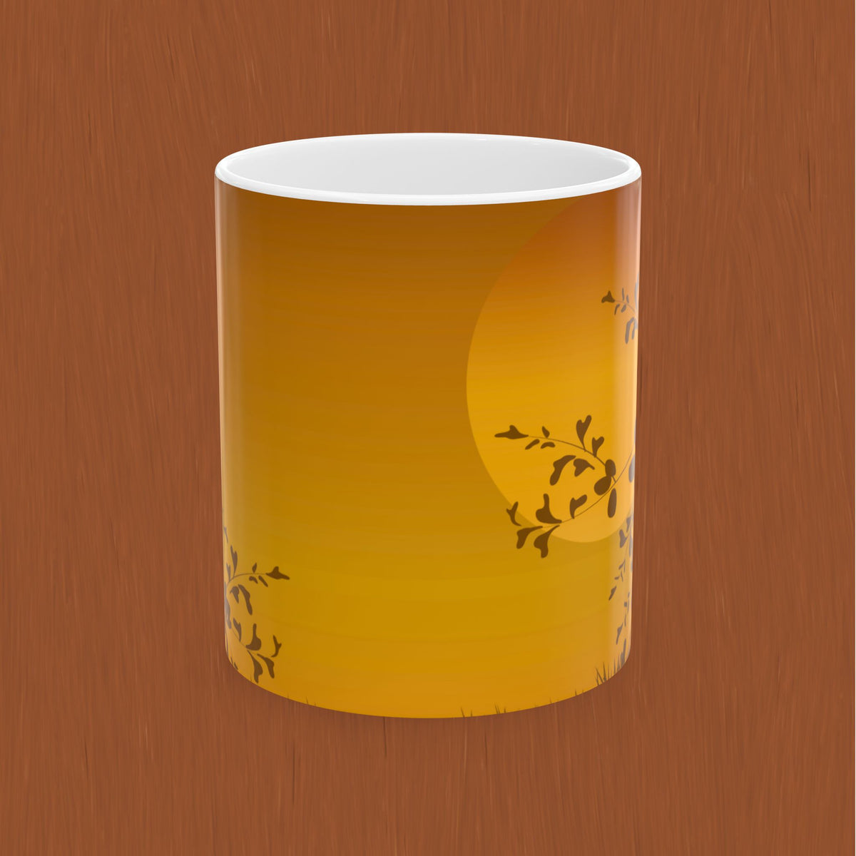 Sunset Meadow Ceramic Tea or Coffee Mug — Golden Sun & Silhouette Floral Design (11oz/15oz)