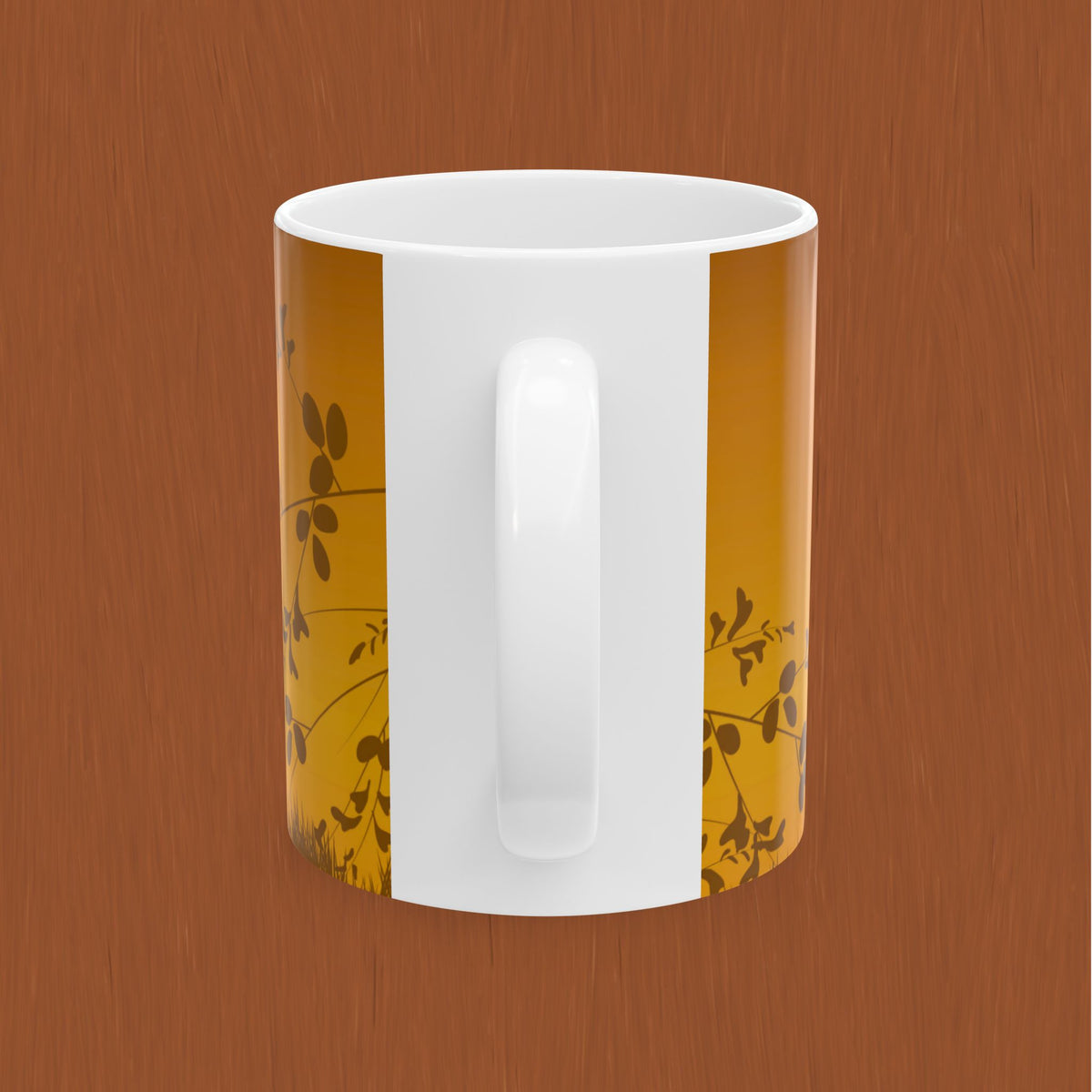 Sunset Meadow Ceramic Tea or Coffee Mug — Golden Sun & Silhouette Floral Design (11oz/15oz)