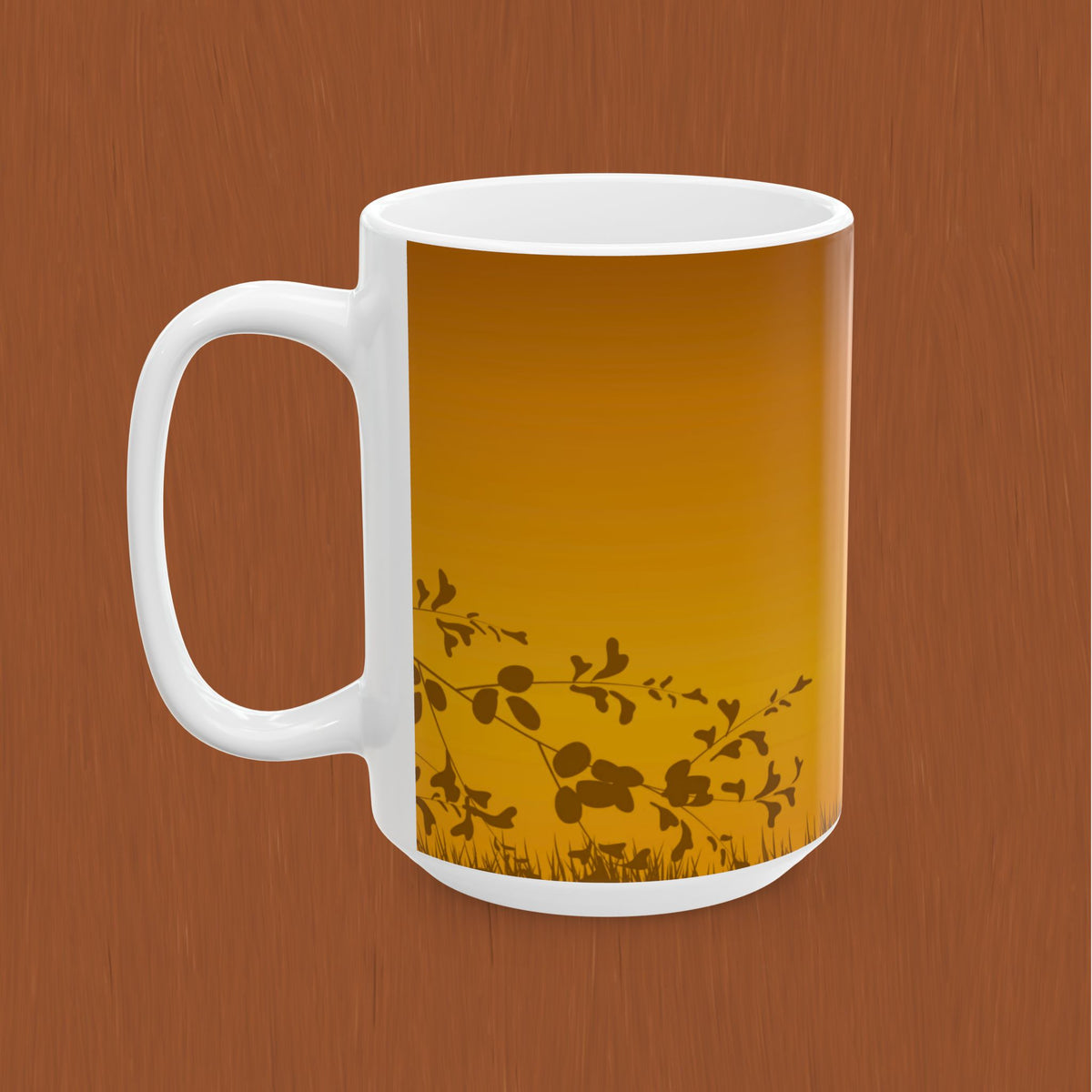 Sunset Meadow Ceramic Tea or Coffee Mug — Golden Sun & Silhouette Floral Design (11oz/15oz)