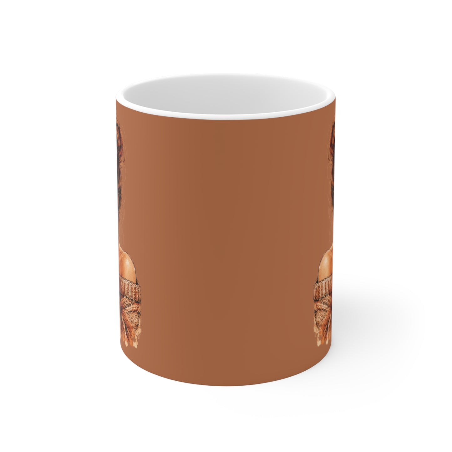 Cozy Latte Woman 11oz Mug — Warm Brown Coffee Cup with Heart Design