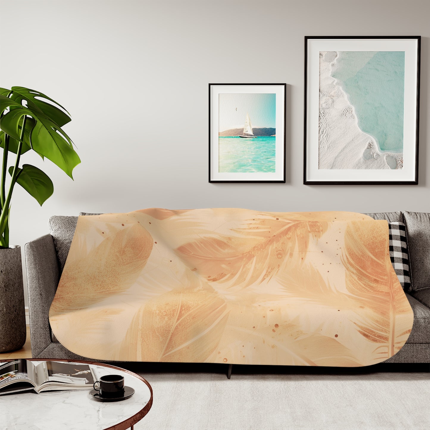 Feather Soft Sherpa Blanket — Cozy Beige Feather Print Throw