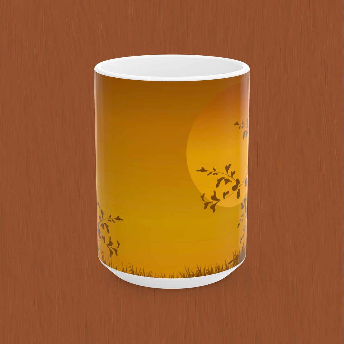 Sunset Meadow Ceramic Tea or Coffee Mug — Golden Sun & Silhouette Floral Design (11oz/15oz)