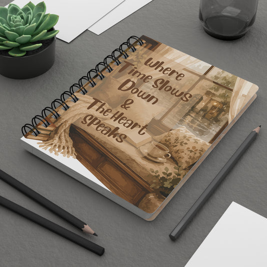 Spiral Notebook — "Where Time Slows Down & The Heart Speaks" Cozy Journaling Notebook