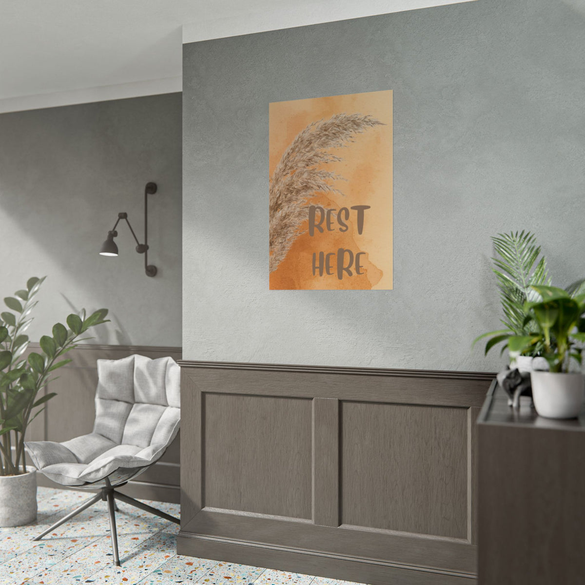 Rest Here Pampas Poster — Neutral Boho Wall Art