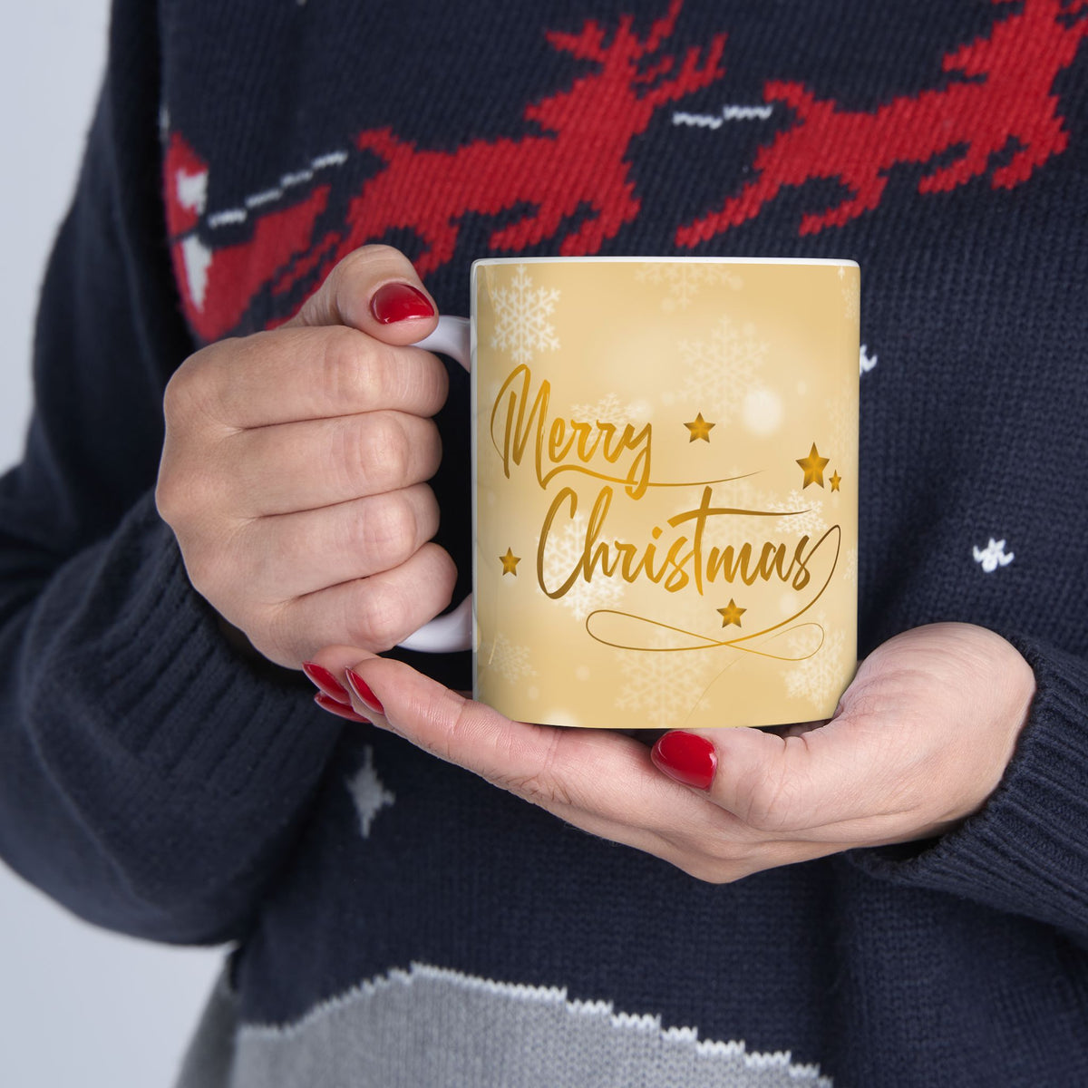 Merry Christmas Gold Ceramic Mug – Festive Holiday Coffee Or Tea Cup (11oz & 15oz)