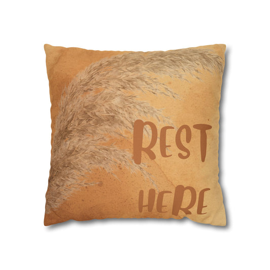 Boho 'Rest Here' Decorative Pillowcase - Cozy Neutral Square Cushion Cover