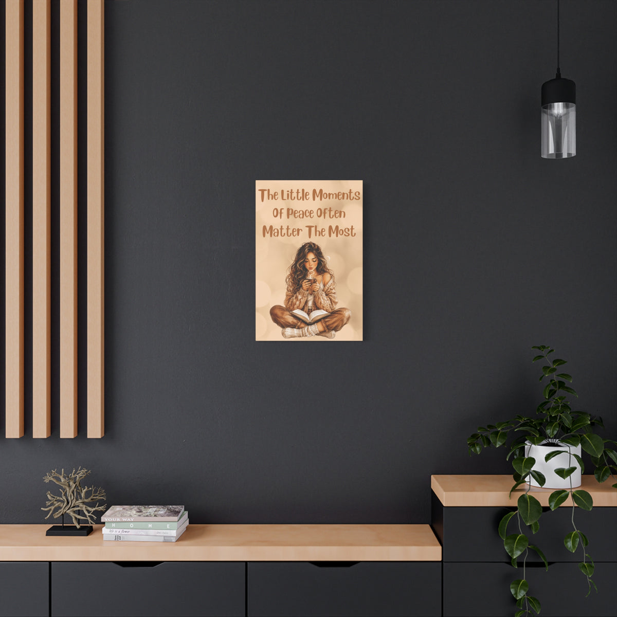 Cozy Reading Girl Canvas Wall Art – "The Little Moments of Peace Often Matter the Most" Bedroom Quote Print
