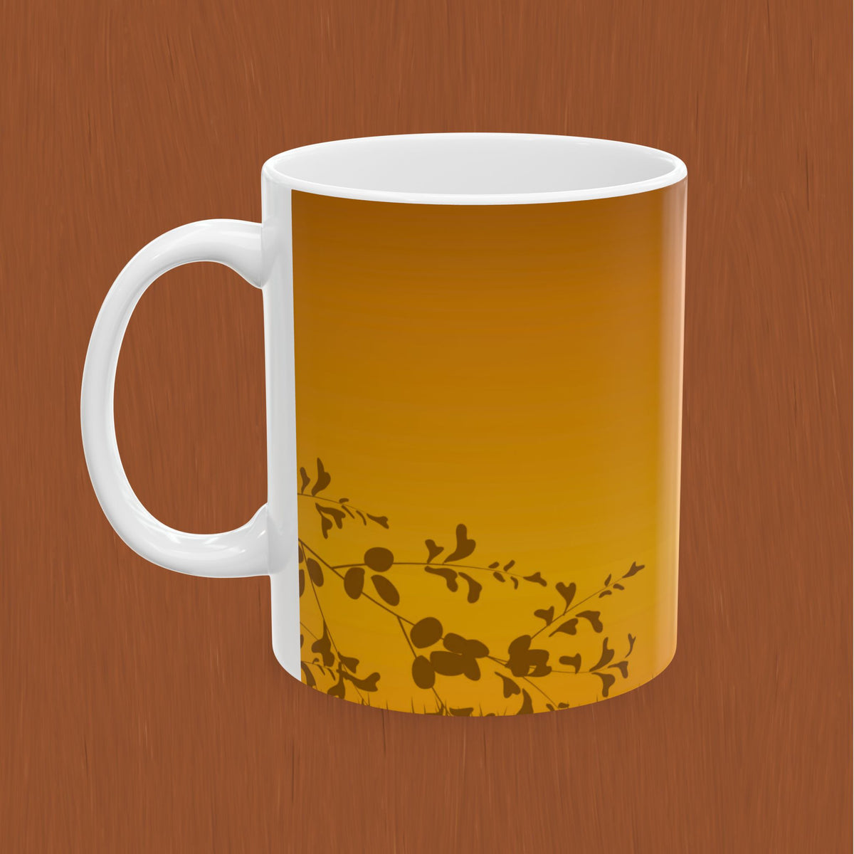 Sunset Meadow Ceramic Tea or Coffee Mug — Golden Sun & Silhouette Floral Design (11oz/15oz)