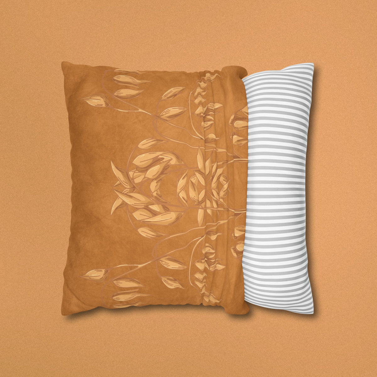 Golden Oat Floral Square Pillowcase — Boho Botanical Decorative Throw Pillow Cover
