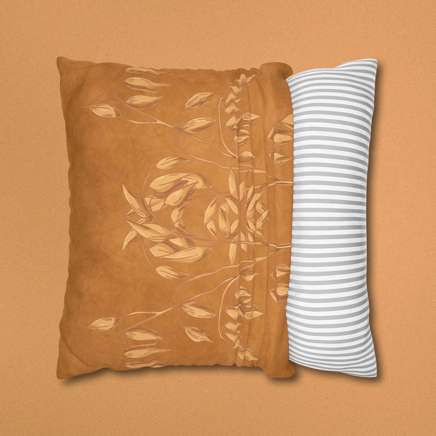 Golden Oat Floral Square Pillowcase — Boho Botanical Decorative Throw Pillow Cover