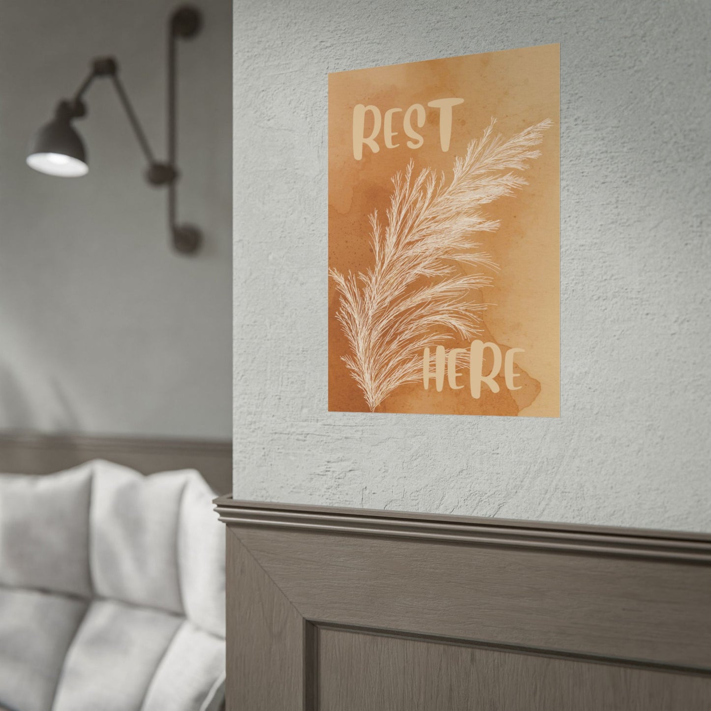 Rest Here Boho Poster — Neutral Pampas Grass Wall Art