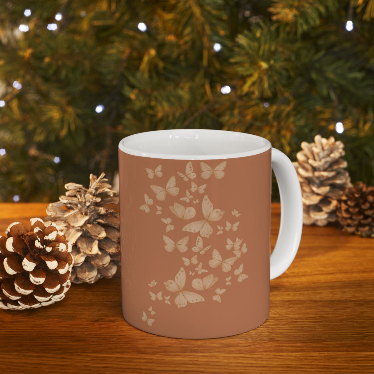 Butterfly Pattern Ceramic Mug – Earth tone Brown Minimalist Tea or Coffee Mug (11oz, 15oz)