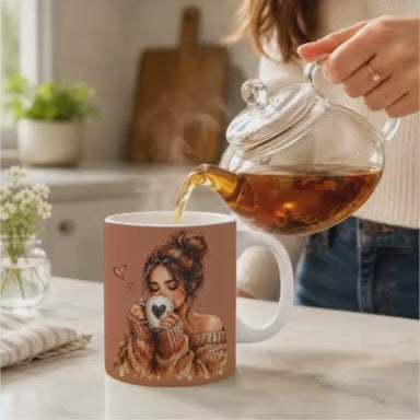 Cozy Latte Ceramic Mug – Warm Brown Heart Design Coffee or Tea Cup (11oz/15oz)